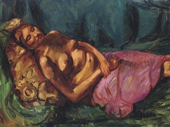 Lot Description Sir Matthew Smith (1879-1959)  Nude with mauve drapery  oil on canvas  24 x 32 in. (61 x 81.3 cm.)  Painted circa 1931.  Price Realized  £37,250 ($72,824)