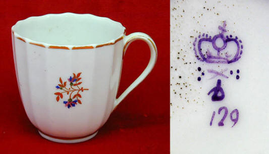 Fig. 3 A Coffee can c.1795 bearing a puce mark of either William Duesbury II or Duesbury and Kean. The matching saucer is identically marked and numbered but the mark is much larger because of the greater space on the base of the saucer.