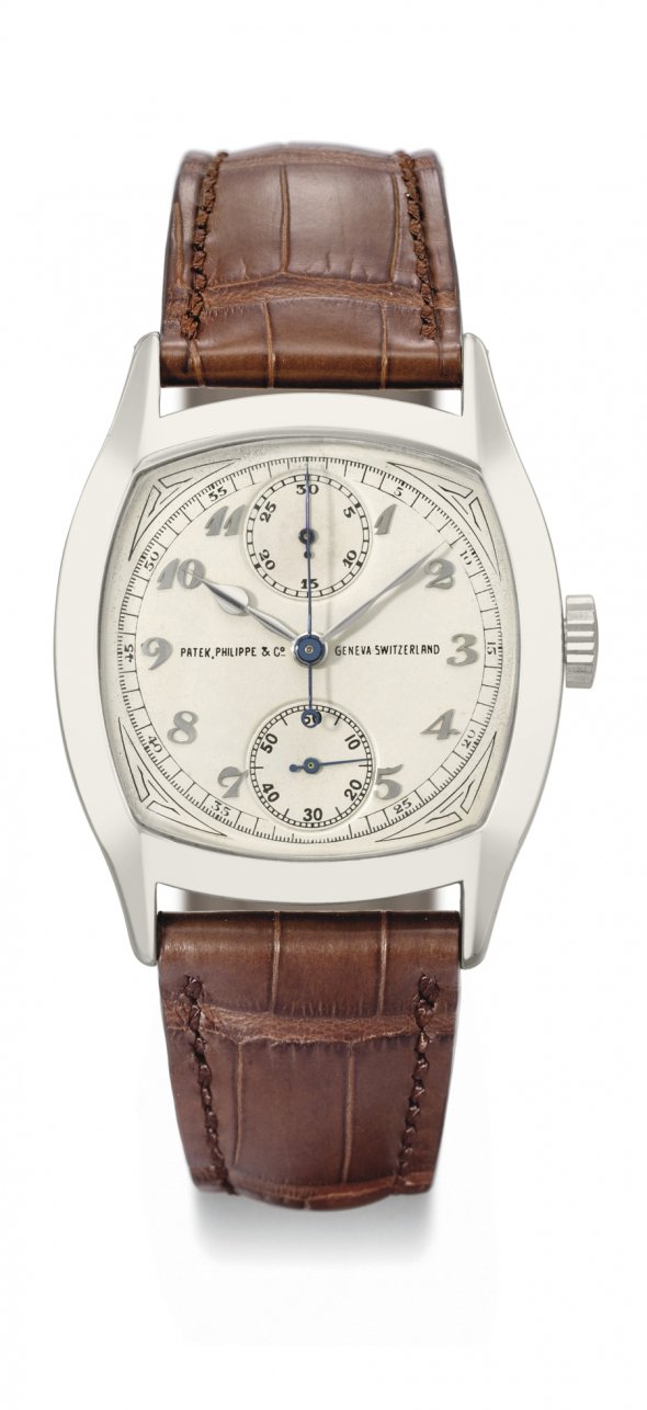 5 This 1928 Patek Philippe 18-carat, white gold, cushion-shaped, single button chronograph wristwatch sold for $3.6 million at Christie's in May 2011.