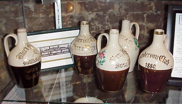 Some of the Fulper Fancy Whiskey Jugs on display at the Hill-Fulper-Stangl Potteries Museum.