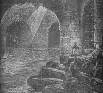 A London sewer in the19th century. This one, as evidenced by the shaft of light penetrating through a grating, must be close to the surface; others ran as deep as 40 feet beneath the city.