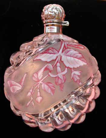 Fuchsia. A Stuart 'medallion cameo' Scent Bottle, two colour cameo on crystal, cut with fuchsia and a butterfly,