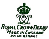 1940-1945 Wartime mark usually in dark green and without year cypher. Showing Crown above interlinked D's above ROYAL CROWN DERBY - MADE IN ENGLAND - Design Reg. No.