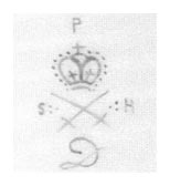 c1934 Paget mark. Showing P above Crown above crossed batons with S and H at either side and D below. Usually in puce.