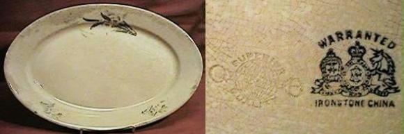 Etruria Pottery (Ott & Brewer) of Trenton, N.J.  an example of their earliest work, c1863.  Oval ironstone platter about 13 5/8" x 9 1/8" -  Double adjacent marks:  impressed mark of Ott & Brewer (Kovel's Marks 15A)   underglaze printed stamp of Etruria Pottery (KM 63F).