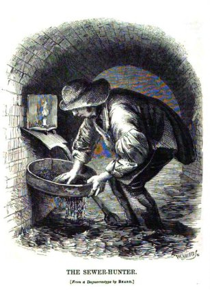 A tosher at work c. 1850 ,sieving raw sewage in one of the dank, dangerous and uncharted sewers beneath the streets of London. From Mayhew’s London Labour and the London Poor. 
