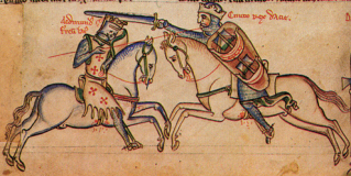 Edmund Ironside (left) takes on Cnut in single combat. From an old, but far from contemporary, source: the Chronicle Maoira of Matthew Paris