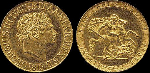 This 1819 gold sovereign of George III is one of maybe eight examples, and is the key date to the sovereign series. The finest known example, it has an estimate of £150,000 to £200,000 (about $228,732 to $304,970 in U.S. funds). - Images courtesy of A.H. Baldwin & Son.